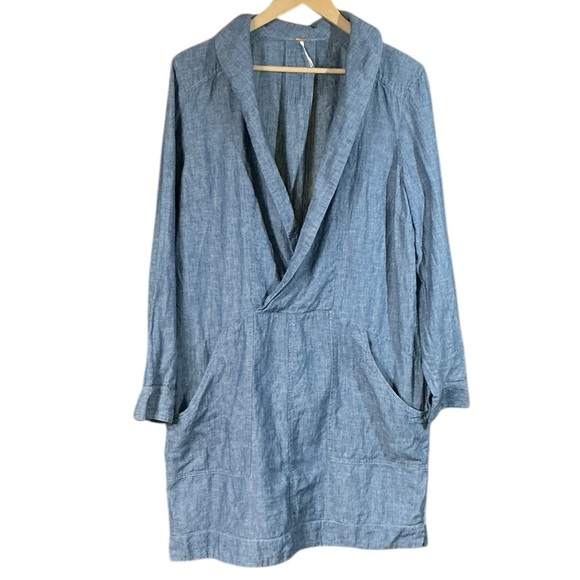Free People Done Up In Denim Chambray Linen Blend Shirt Dress - Picture 2 of 10
